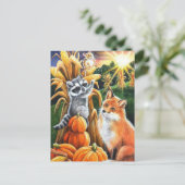 Herfst Harvest Corn Red Fox Raccoon Waterverf Art Briefkaart (Staand voorkant)