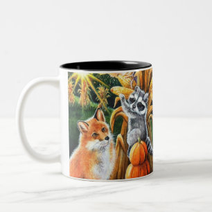 Herfst Harvest Corn Red Fox Raccoon Waterverf Art Tweekleurige Koffiemok