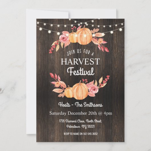 Herfst Harvest Festival Pumpkin Wood Floral Invite Kaart (Voorkant)