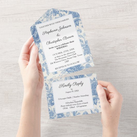Herfst Herfst Blauw wit Bloemen bruiloft All In One Uitnodiging (Afscheurbaar)