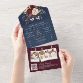 Herfst Herfst Bourgondië Bloemen QR Code Navy Wedd All In One Uitnodiging (Afscheurbaar)