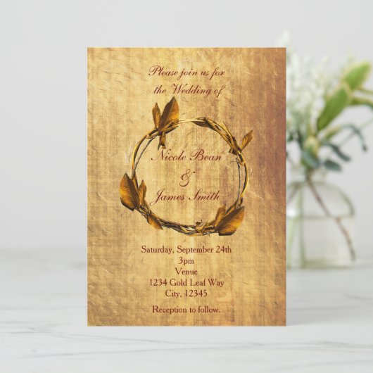 Herfst Herfst Faux Gold Leaf & Stick Krans Bruilof Kaart (Staand voorkant)