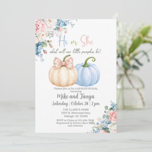 Herfst Herfst pompoenen onthullen genderuitnodigin Kaart (Staand voorkant)