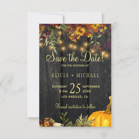 Herfst herfst rustiek land hout bruiloft save the date (Voorkant)