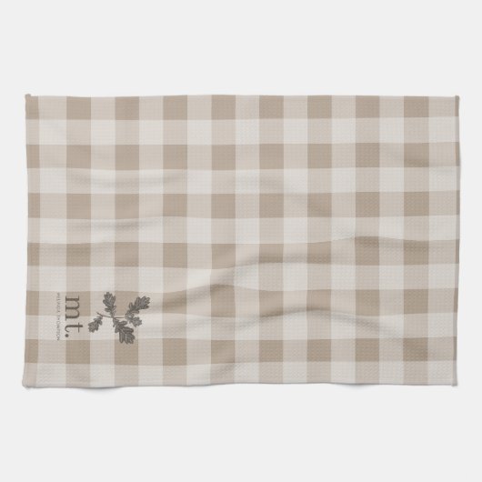 Herfst Herfst Taupe Plaid Modern gebladerte Monogr Theedoek (Horizontaal)