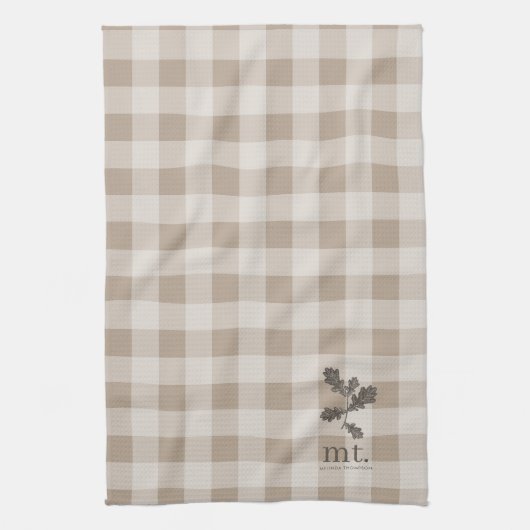 Herfst Herfst Taupe Plaid Modern gebladerte Monogr Theedoek (Verticaal)