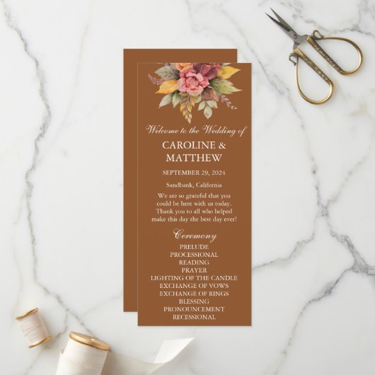 Herfst Herfst Terracotta Bloemen Waterverf Bruilof Programma (Voorkant / Achterkant in situ)