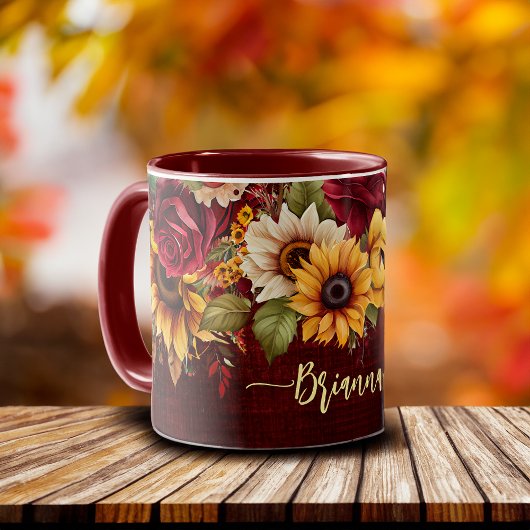Herfst herfst thema bordeaux rozen zonnebloemen mok