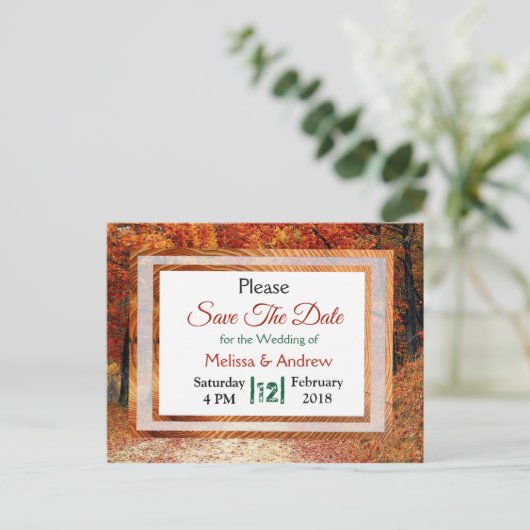 Herfst herfst vertrekt bruiloft bewaart datum aankondigingskaart (Staand voorkant)