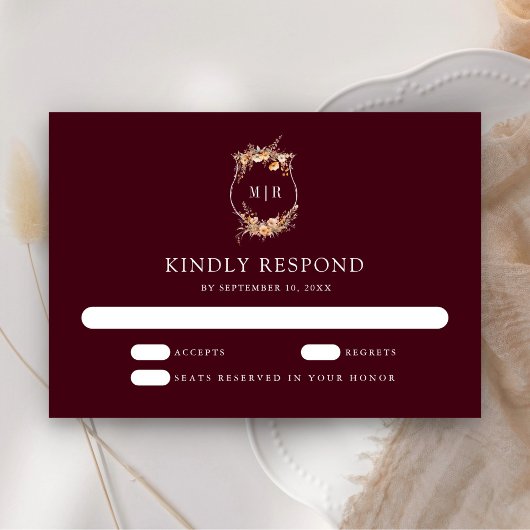 Herfst Herfst Wildflower Crest Bourgondië Huwelijk RSVP Kaartje