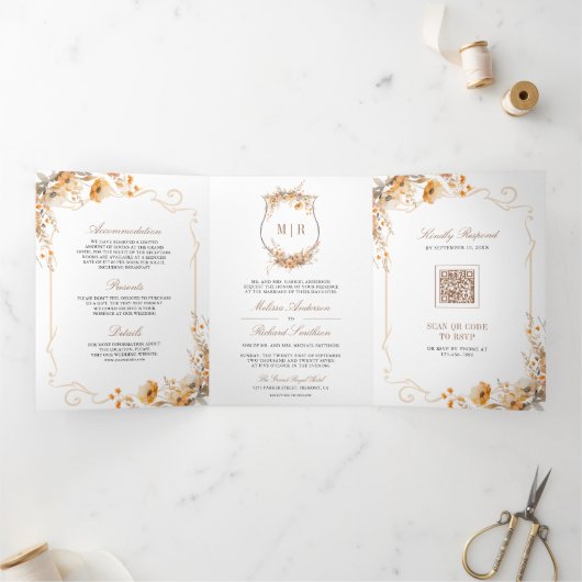 Herfst Herfst Wildflower Crest QR Code Huwelijk Drieluik Uitnodiging (Binnen)