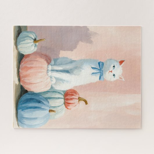 Herfst Herfst Witte Kat met Pompoenen Legpuzzel (Horizontaal)