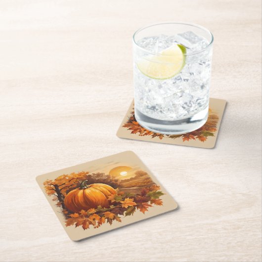 Herfst Herfst Zonsondergang Scene met Pompoen Vierkante Kartonnen Onderzetter (Insitu)