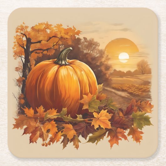Herfst Herfst Zonsondergang Scene met Pompoen Vierkante Kartonnen Onderzetter (Voorkant)