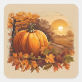 Herfst Herfst Zonsondergang Scene met Pompoen Vierkante Sticker (Voorkant)
