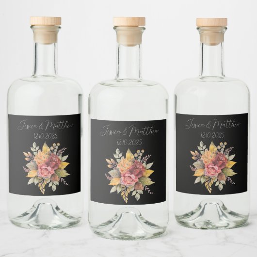 Herfst Herfst Zwart Rustieke Waterverf Bruiloft Likeurfles Etiket (Flessen)