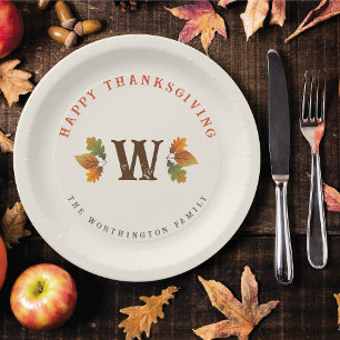 Herfst / Herfstbladeren Monogram Thanksgiving Dine Papieren Bordje