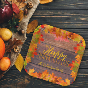 Herfst herfstbladeren op schuur hout Happy Thanksg Papieren Bordje