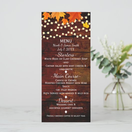 Herfst Herfstbladeren & String Lights Trouwmenu Menu (Staand voorkant)