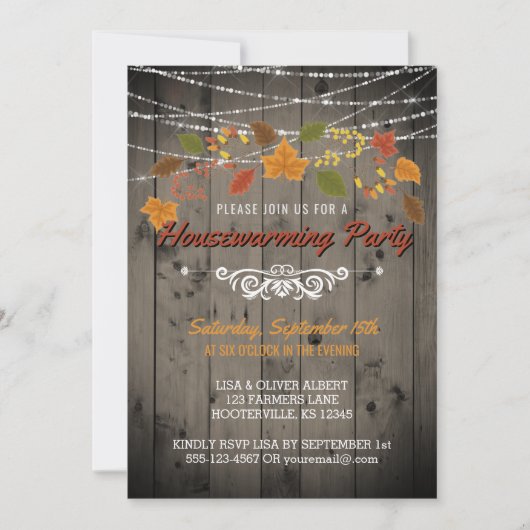 Herfst Housewarming Party Rustic Wood String Light Kaart (Voorkant)