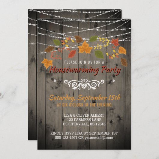 Herfst Housewarming Party Rustic Wood String Light Kaart (Voorkant / Achterkant)