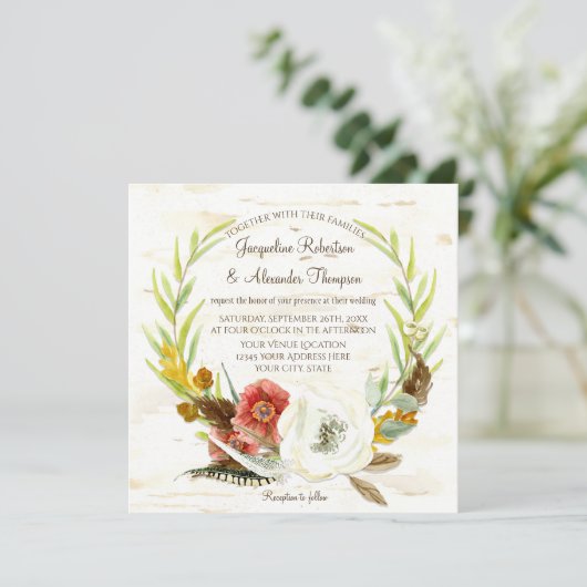 Herfst Huwelijkskrans Boho Feather Berk Bark Squar Kaart (Staand voorkant)