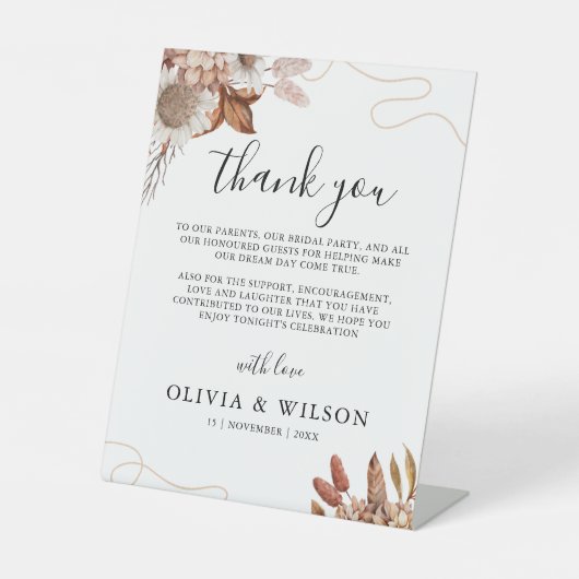 Herfst in de liefde | Boho Flowers Wedding Bedankt Reclamebord Met Voetstuk (Voorkant)