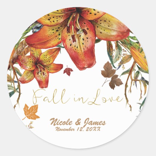 Herfst In Liefde Bloemen Sinaasappel Lelies & blad Ronde Sticker (Voorkant)