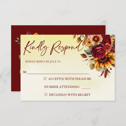 Herfst in liefde bordeaux rozen zonnebloemen bruil RSVP kaartje (Voorkant / Achterkant)