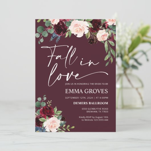 Herfst in liefde Bourgondië Bruidsdouche Uitnodigi Kaart (Staand voorkant)