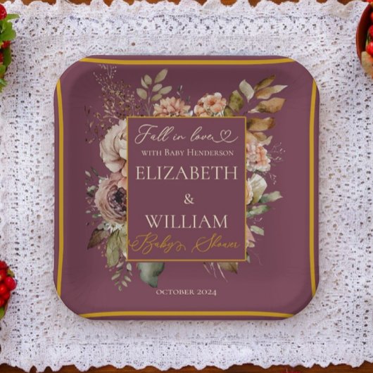 Herfst in liefde Bourgondische Herfst Floral Papieren Bordje