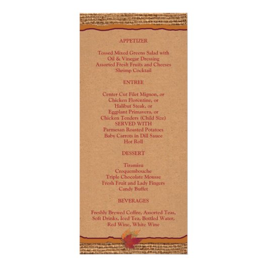 Herfst in Liefde Burlap, Bladeren Trouwmenu Reclamekaart (Achterkant)