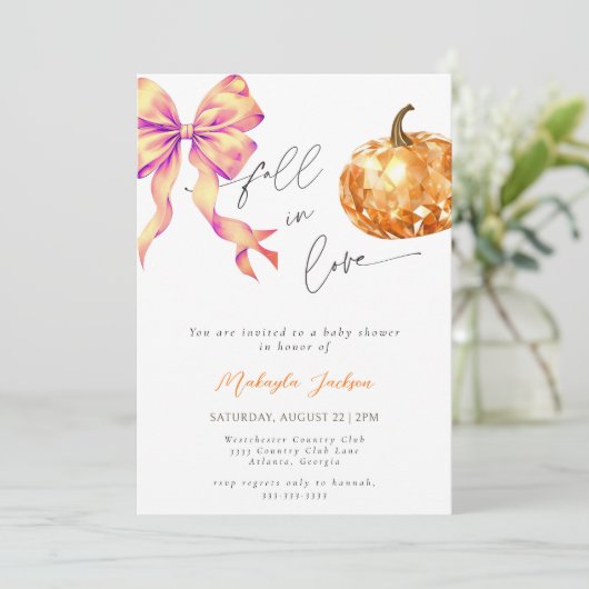 Herfst in Liefde Diamond Pumpkin Bow Baby shower Kaart (Staand voorkant)