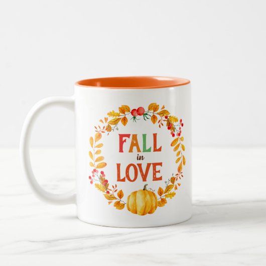 Herfst in liefde en herfst Leaves Pumpkin Tweekleurige Koffiemok (Links)