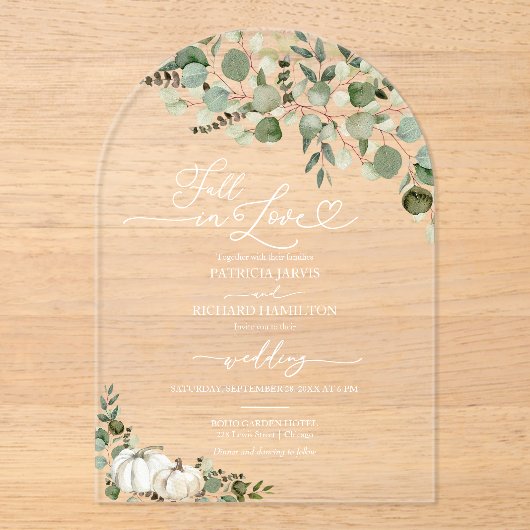 Herfst in liefde groen pompoen bruiloft acryl uitnodigingen (Voorkant)
