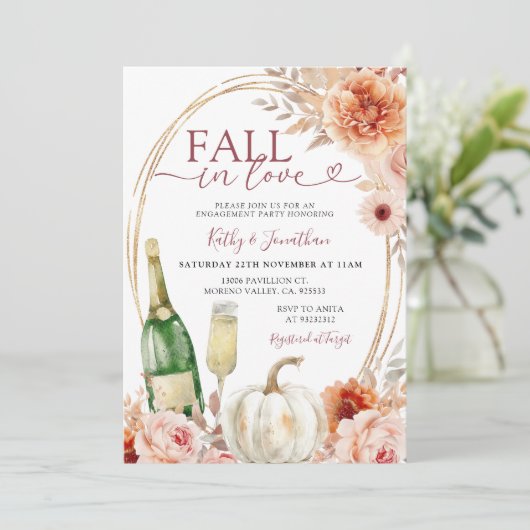 Herfst in Liefde Ivoor Bloemen Pompoen Verloving Kaart (Staand voorkant)