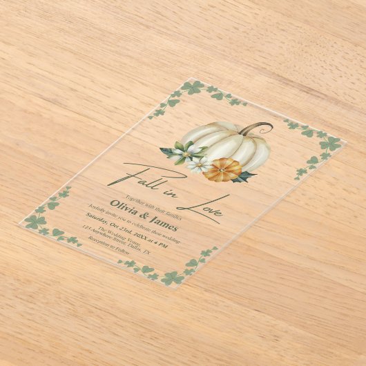 Herfst in Liefde Pompoen Sage Groene bruiloft Acryl Uitnodigingen (Laagn)