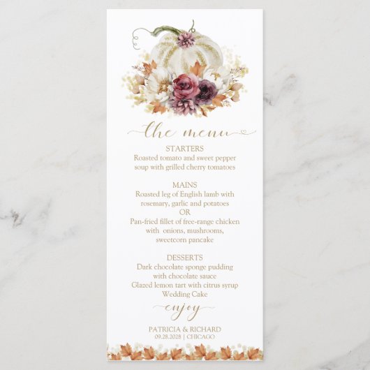Herfst in Liefde Pompoen Wedding Menu Kaarten (Voorkant)