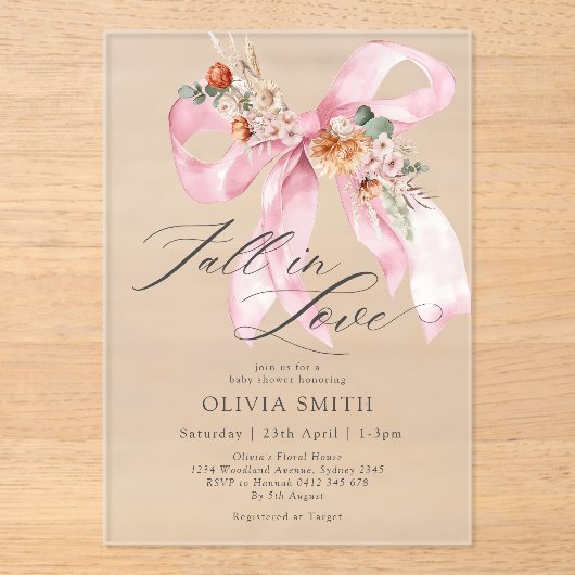 Herfst in Liefde Roze Bow Bloemen Baby shower Acryl Uitnodigingen (Voorkant)