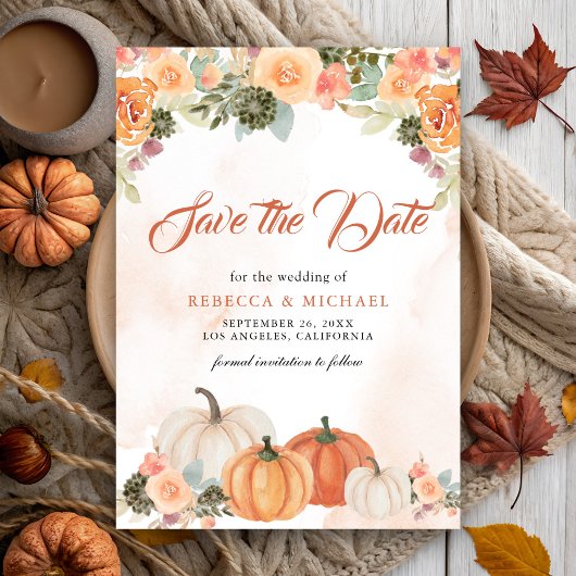 Herfst in Liefde Rustieke Pompoen Bloemen Huwelijk Save The Date