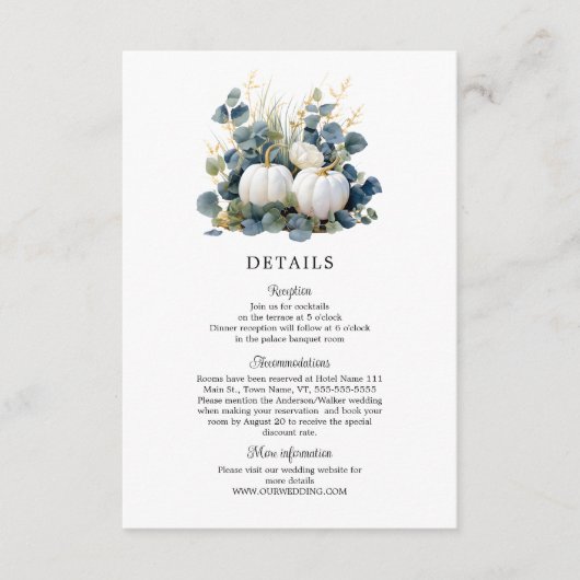 Herfst in liefde Witte pompoenen en eucalyptus det Informatiekaartje (Voorkant)