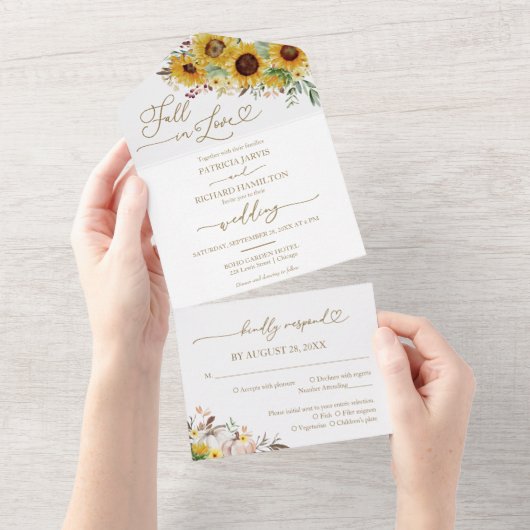 Herfst in Liefde Zonnebloem Pompoen bruiloft All In One Uitnodiging (Afscheurbaar)
