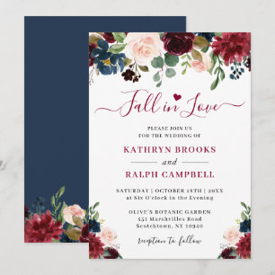 Herfst in Love Navy Blue Wine Blush Floral Wedding Kaart