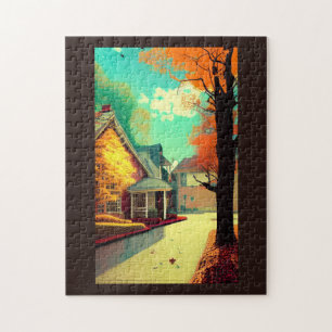 Herfst in oktober naar huis door gouden bomen legpuzzel