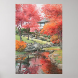 Herfst Japans Moderne Tuin Waterverf Poster