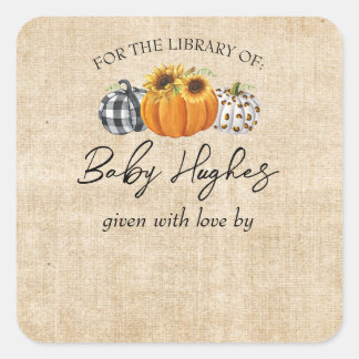 Herfst jute pompoen baby shower bibliotheek boekpl vierkante sticker