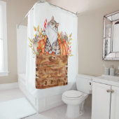 Herfst kat en pompoenen in doos douchegordijn (In situ)