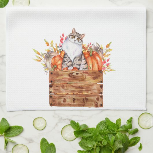 Herfst kat en pompoenen in doos theedoek (Gevouwen)
