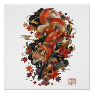 Herfst Kitsune Japanse Vossen Geest Ontwerp Perfect Poster