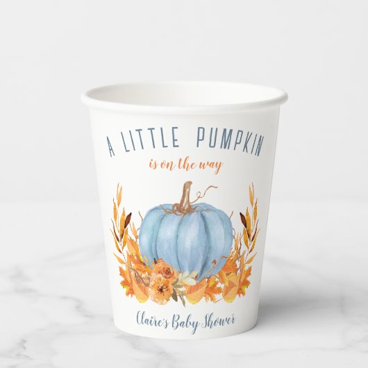 Herfst Kleine Pompoen Blauw Jongen Baby shower Pap Papieren Bekers (Achterkant)